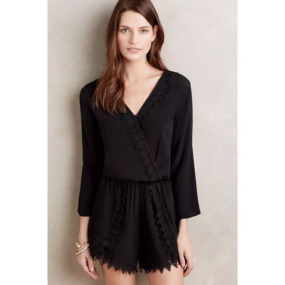 NWT Anthropologie Elevenses Lace-Trimmed Romper 3/4 Sleeves V-Neck in Black Sz M - Picture 2 of 15